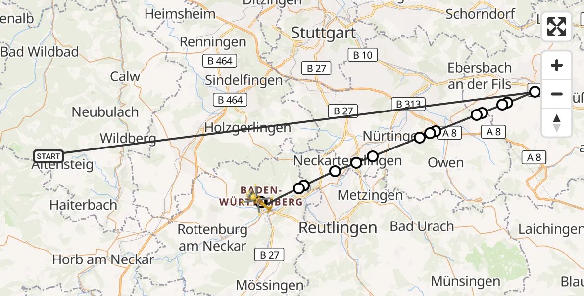 Flugroute Ambulanzhubschrauber Altensteig - Tübingen University Hospital, 20 September 2026, 23:24