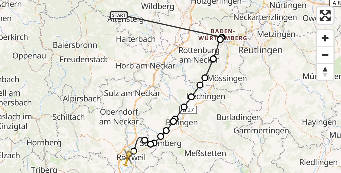 Flugroute Ambulanzhubschrauber Altensteig - Rottweil, 21 September 2026, 00:09