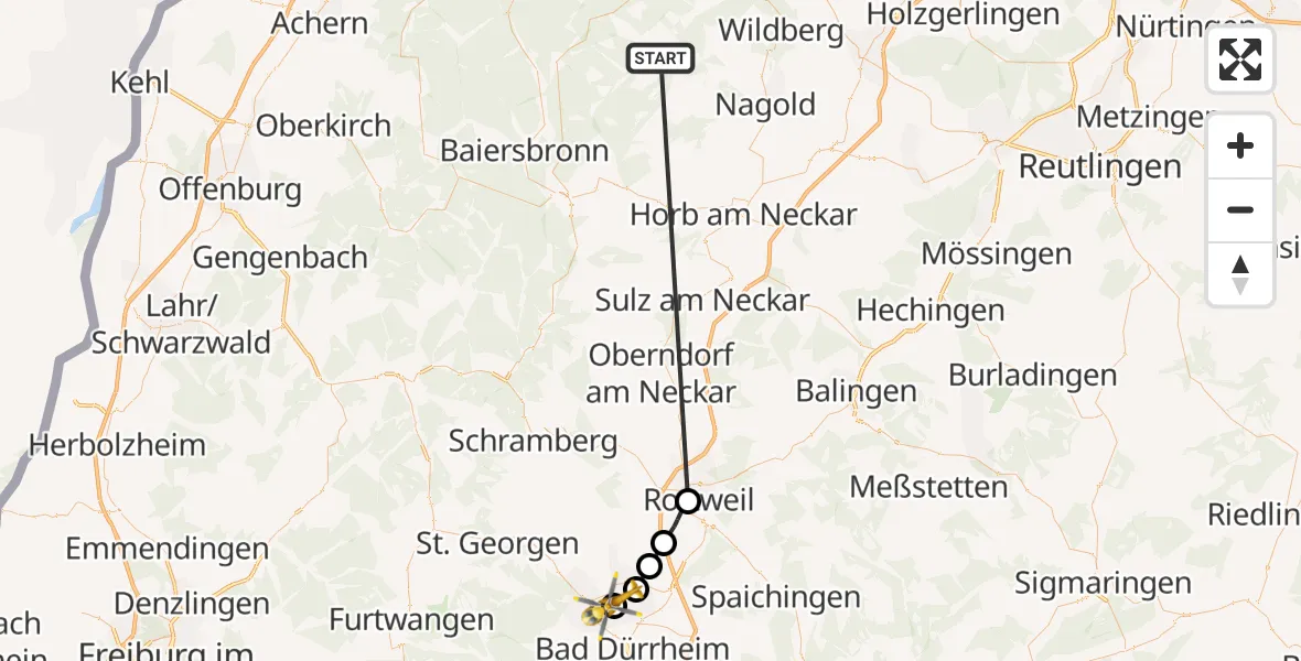 Flugroute Ambulanzhubschrauber Altensteig - DRF Air Rescue Station Villingen-Schwenningen Hubschrauberlandeplatz (Christoph 11), 21 September 2026, 01:23