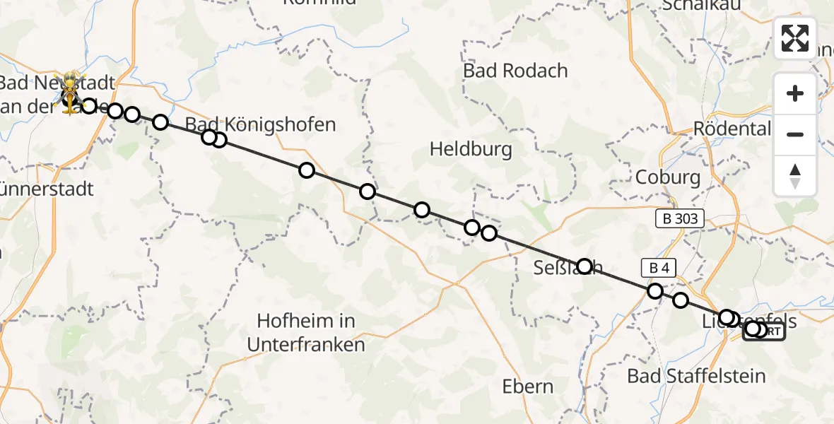 Flugroute Rettungshubschrauber Regiomed Hospital Lichtenfels - Bad Neustadt an der Saale Hospital, 21 September 2026, 03:37