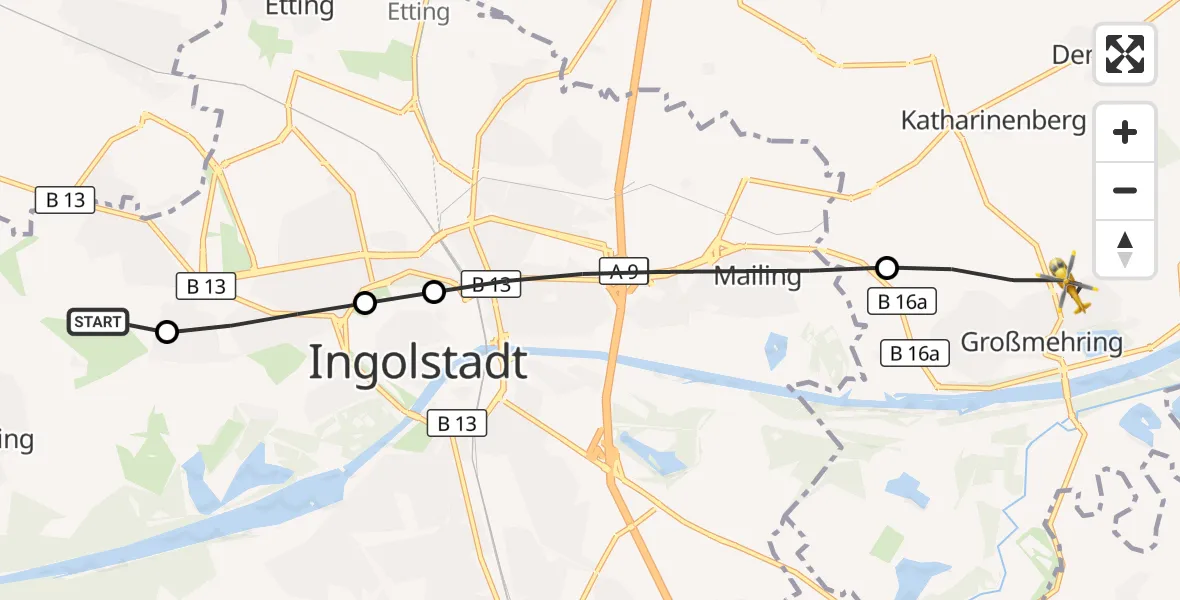 Flugroute Rettungshubschrauber Ingolstadt Hospital - Großmehring, 21 September 2026, 05:08
