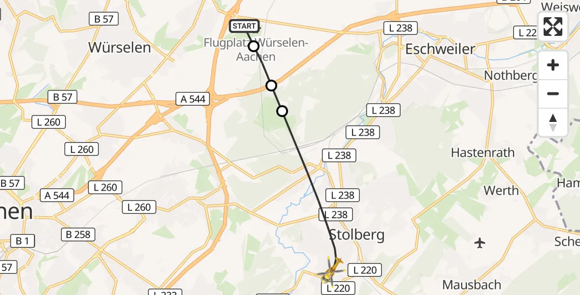 Flugroute Rettungshubschrauber Aachen-Merzbrück Flughafen - Stolberg (Rhld.), 21 September 2026, 05:29
