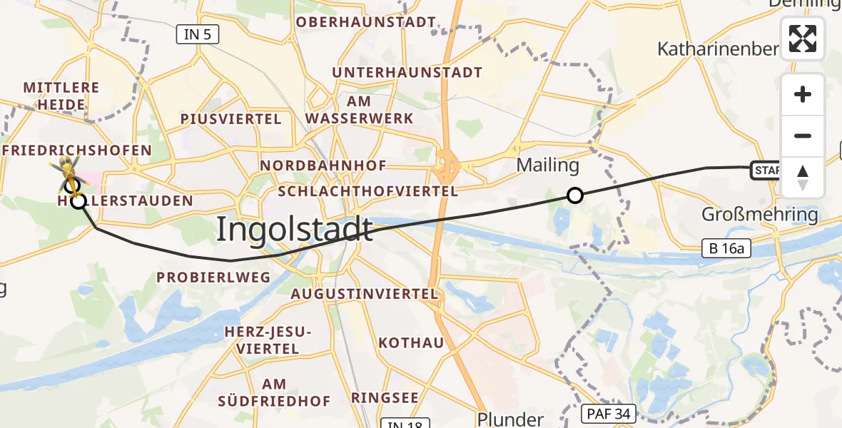 Flugroute Rettungshubschrauber Großmehring - Ingolstadt Hospital, 21 September 2026, 05:36