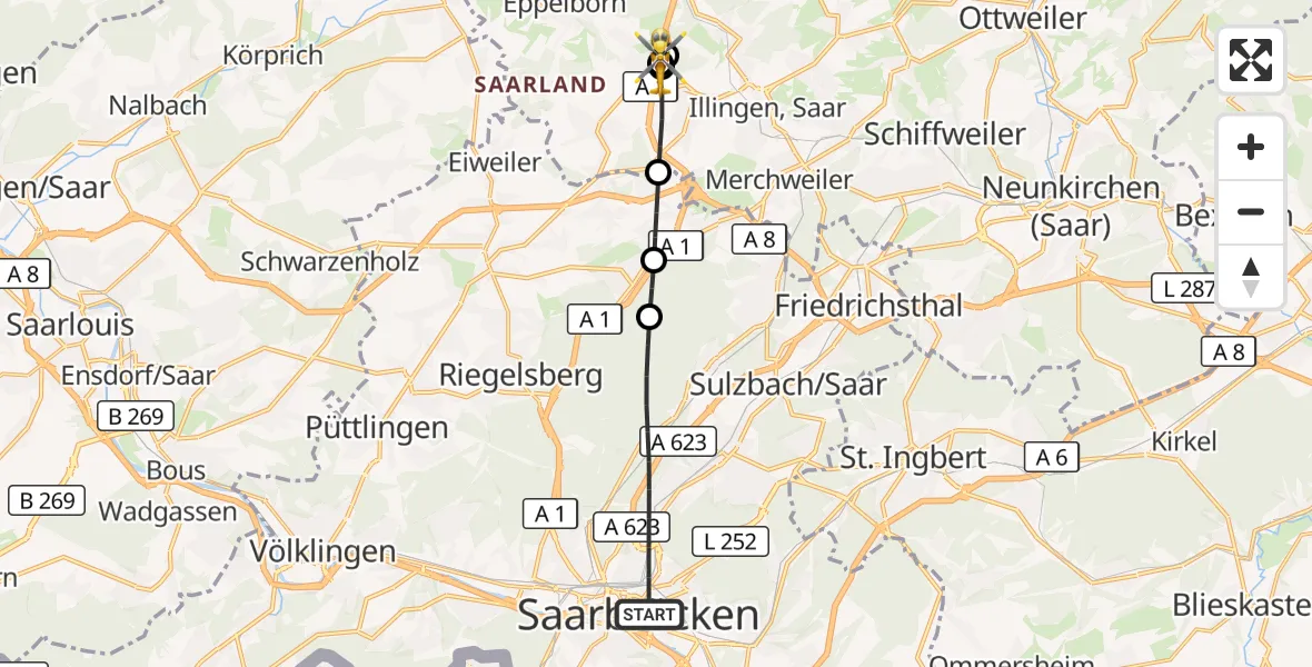 Flugroute Rettungshubschrauber Saarbrücken - Eppelborn, 21 September 2026, 05:54