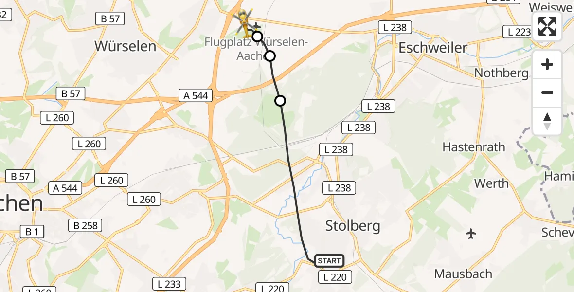 Flugroute Rettungshubschrauber Stolberg (Rhld.) - Aachen-Merzbrück Flughafen, 21 September 2026, 05:56