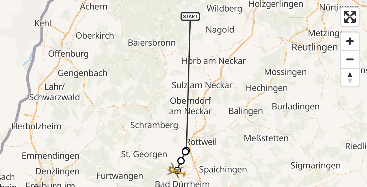 Flugroute Ambulanzhubschrauber Altensteig - DRF Air Rescue Station Villingen-Schwenningen Hubschrauberlandeplatz (Christoph 11), 21 September 2026, 06:19