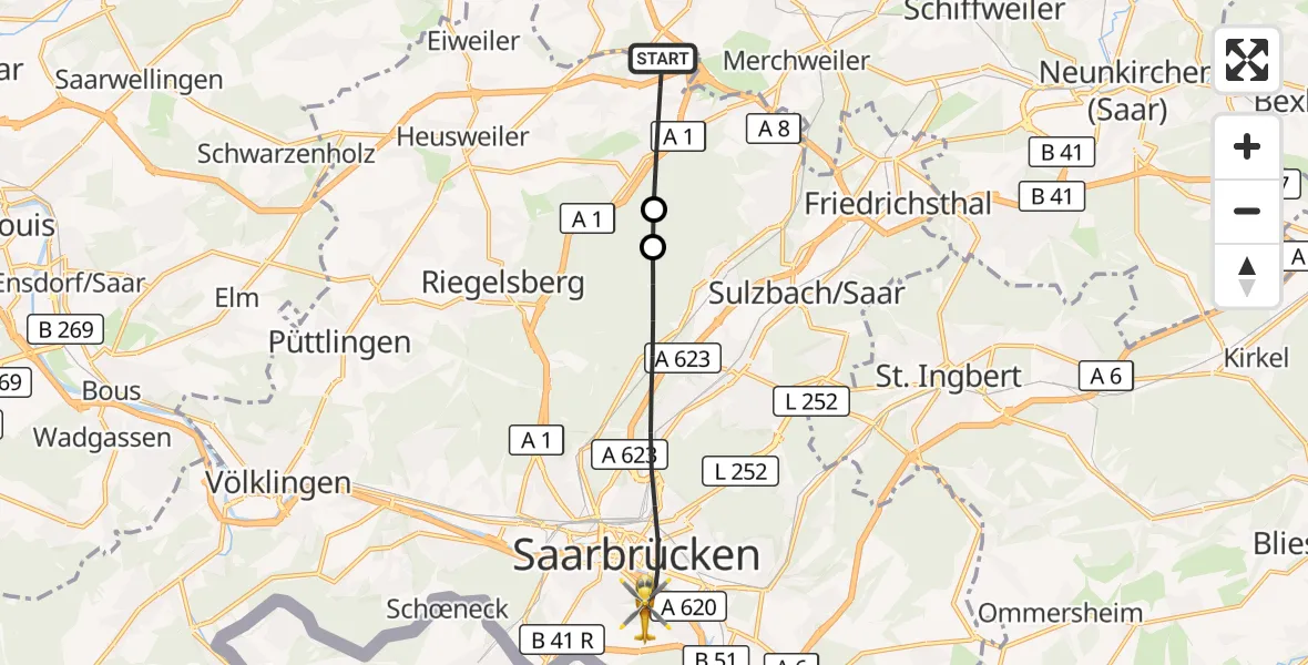 Flugroute Rettungshubschrauber Heusweiler - Saarbrücken, 21 September 2026, 06:20