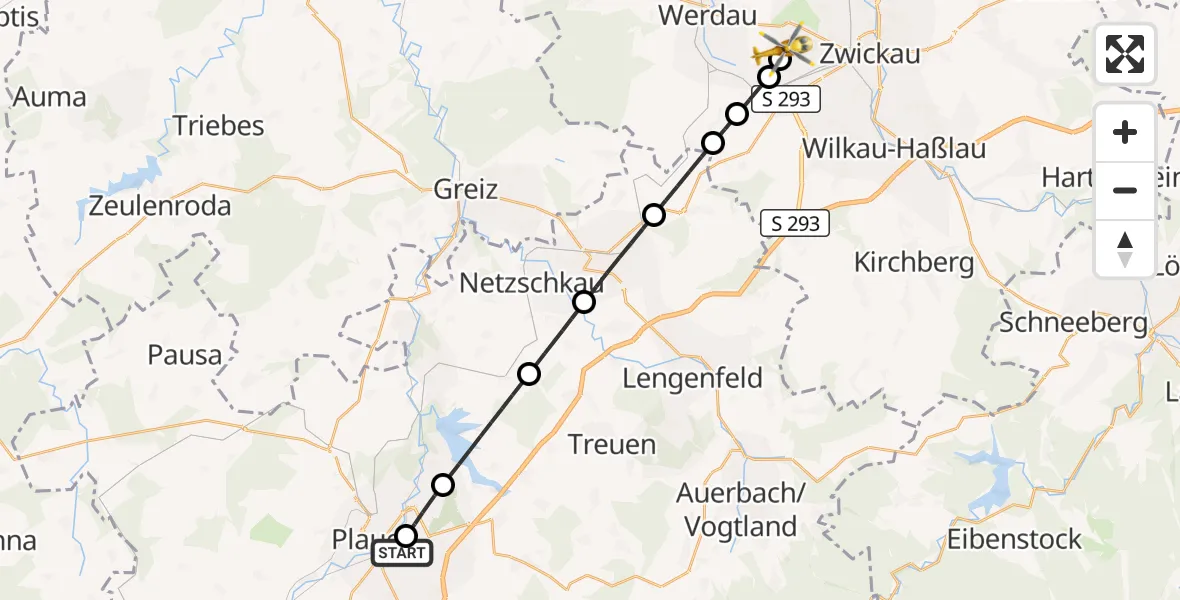 Flugroute Rettungshubschrauber Helios Clinic Plauen - ADAC Air Rescue Station Zwickau Hubschrauberlandeplatz, 21 September 2026, 06:27