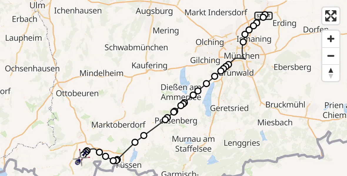 Flugroute Polizeihubschrauber Hallbergmoos - Rettenberg, 21 September 2026, 06:45