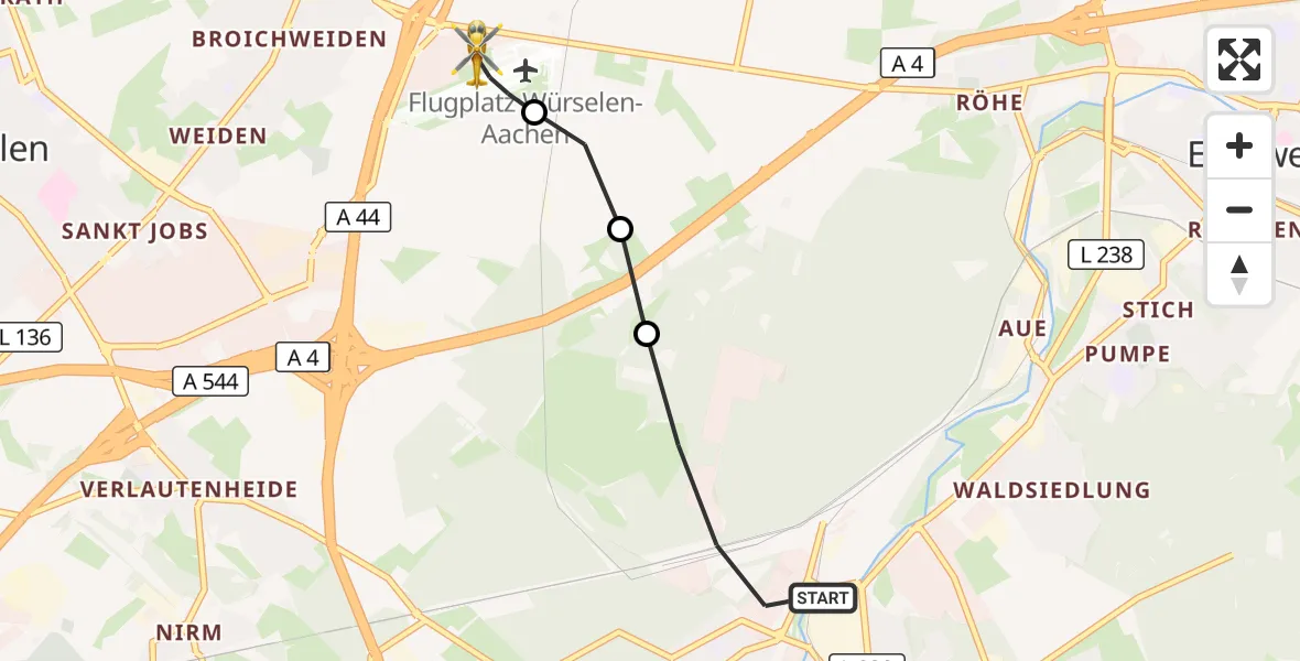 Flugroute Rettungshubschrauber Stolberg (Rhld.) - Aachen-Merzbrück Flughafen, 21 September 2026, 06:50