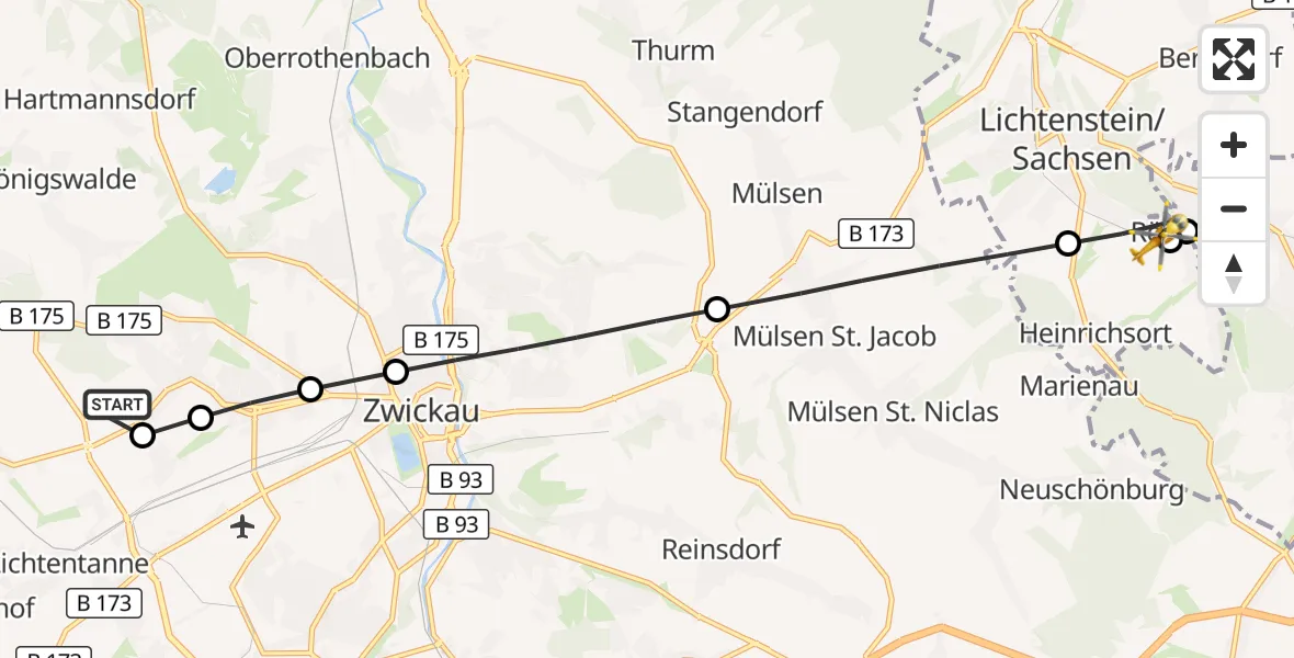 Flugroute Rettungshubschrauber ADAC Air Rescue Station Zwickau Hubschrauberlandeplatz - Lichtenstein/Sa., 21 September 2026, 06:52