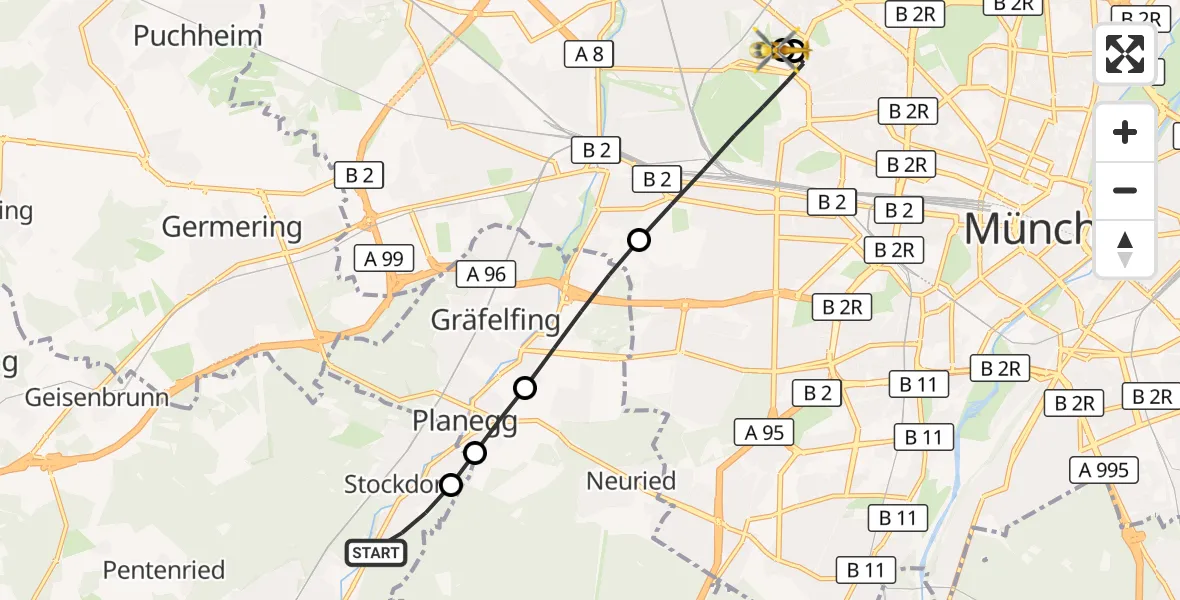Flugroute Rettungshubschrauber Gauting - Dritter Orden University Hospital, 21 September 2026, 07:00