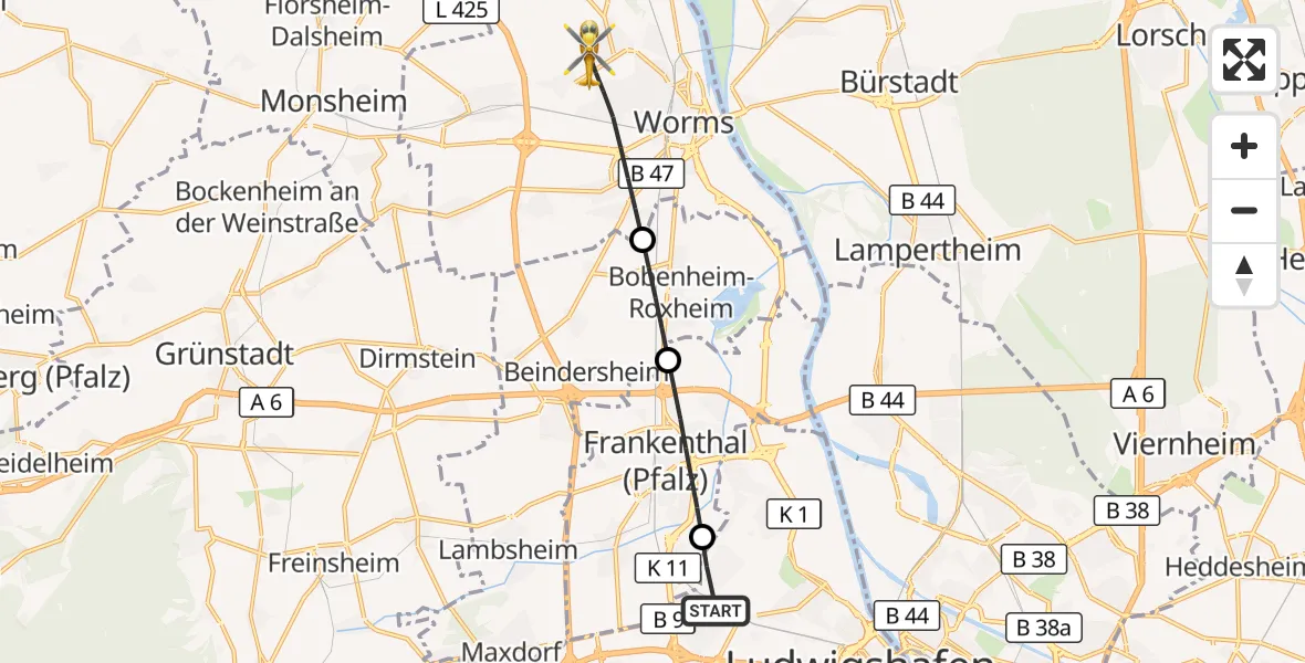Flugroute Rettungshubschrauber Ludwigshafen am Rhein - Worms, 21 September 2026, 07:04