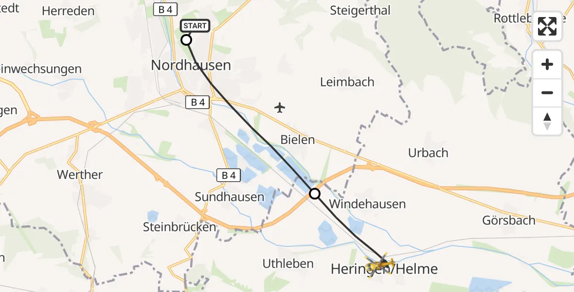 Flugroute Rettungshubschrauber Südharz Hospital Nordhausen - Heringen/Helme, 21 September 2026, 07:05
