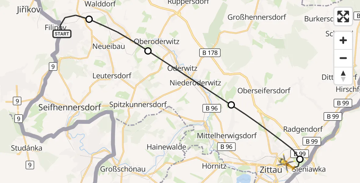 Flugroute Rettungshubschrauber Ebersbach-Neugersdorf - Zittau, 21 September 2026, 07:22