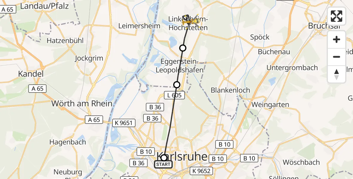 Flugroute Ambulanzhubschrauber Sankt Vincentius Hospital - Linkenheim-Hochstetten, 21 September 2026, 07:25