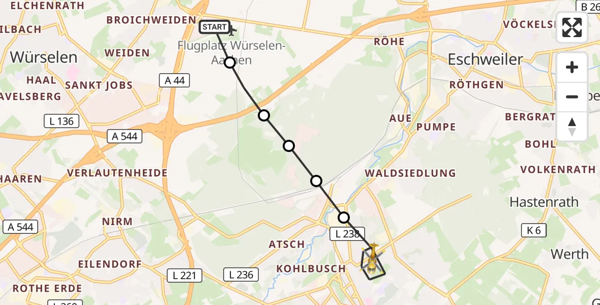 Flugroute Rettungshubschrauber Aachen-Merzbrück Flughafen - Stolberg (Rhld.), 21 September 2026, 07:25