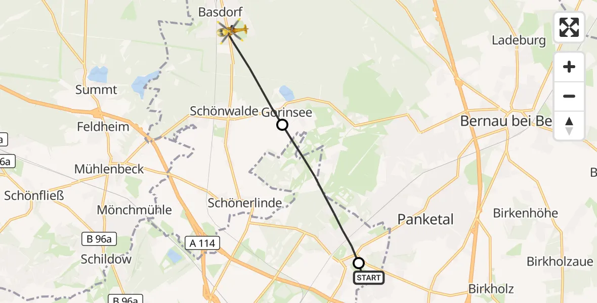 Flugroute Rettungshubschrauber Helios Clinic Berlin-Buch - Wandlitz, 21 September 2026, 07:25
