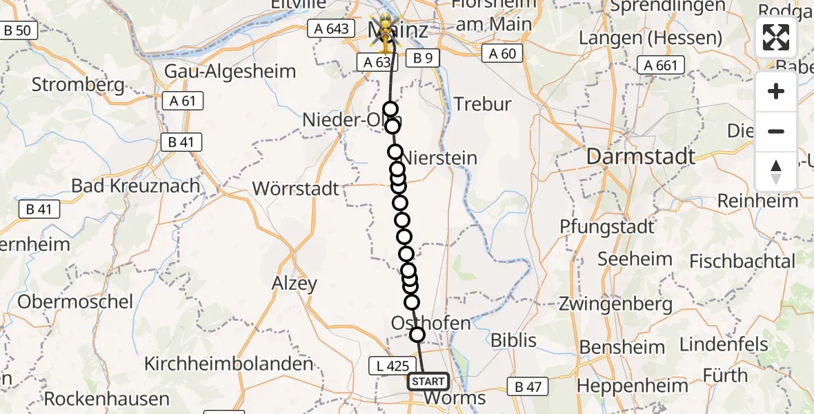 Flugroute Rettungshubschrauber Worms - Mainz University Hospital, 21 September 2026, 07:29