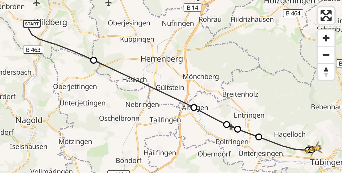 Flugroute Rettungshubschrauber Wildberg - Tübingen University Hospital, 21 September 2026, 07:32