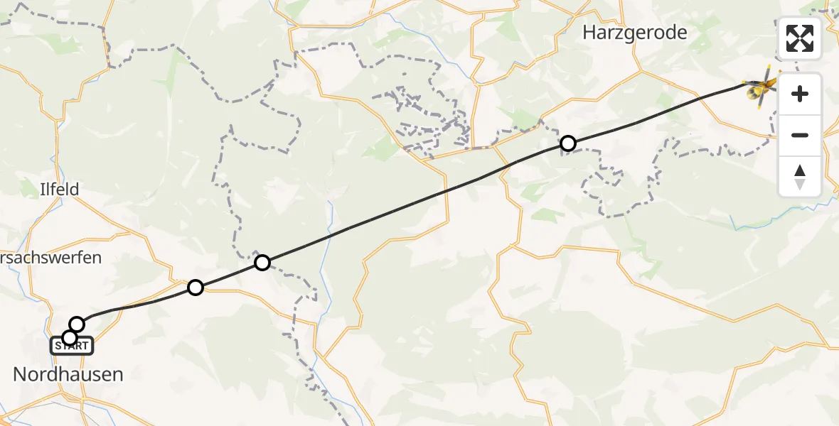 Flugroute Rettungshubschrauber Südharz Hospital Nordhausen - Harzgerode, 21 September 2026, 07:54