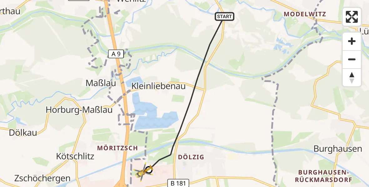 Flugroute Rettungshubschrauber Schkeuditz - ADAC Air Rescue Station Leipzig/Schkeuditz-Dölzig Hubschrauberlandeplatz (Christoph 61), 21 September 2026, 07:54
