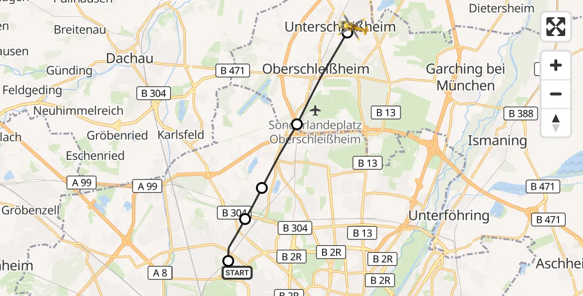 Flugroute Rettungshubschrauber Dritter Orden University Hospital - Unterschleißheim, 21 September 2026, 08:02