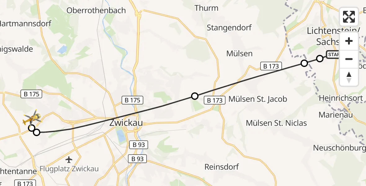 Flugroute Rettungshubschrauber DRK Hospital Lichtenstein - ADAC Air Rescue Station Zwickau Hubschrauberlandeplatz, 21 September 2026, 08:02