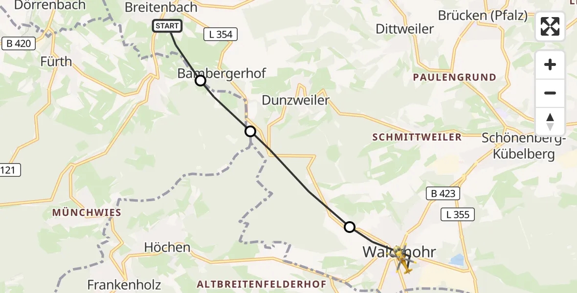 Flugroute Rettungshubschrauber Breitenbach - Waldmohr, 21 September 2026, 08:24