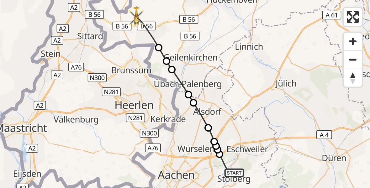 Flugroute Rettungshubschrauber Stolberg (Rhld.) - Gangelt, 21 September 2026, 08:30