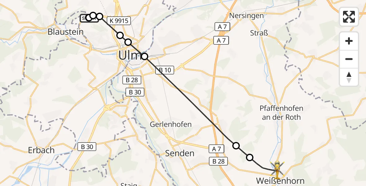Flugroute Rettungshubschrauber Ulm Military Hospital Emergency - Weißenhorn, 21 September 2026, 08:32
