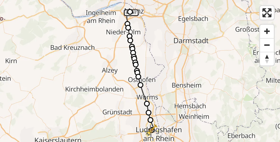 Flugroute Rettungshubschrauber Mainz University Hospital - Ludwigshafen Accident Hospital, 21 September 2026, 08:33