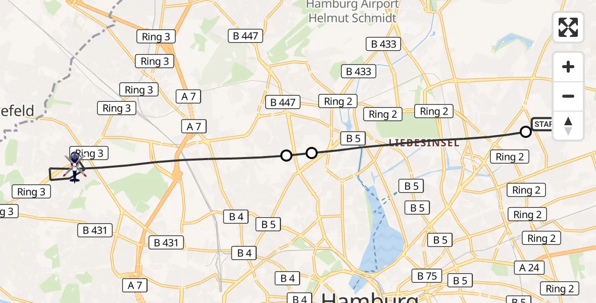 Flugroute Polizeihubschrauber Hamburg Military Hospital - Hamburg, 21 September 2026, 08:36