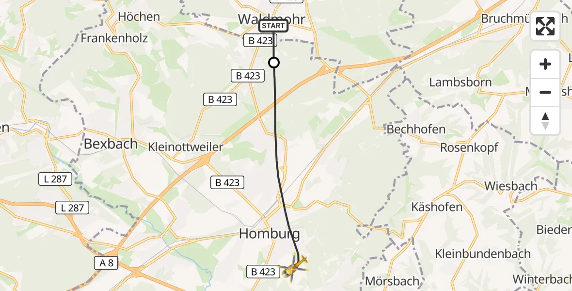 Flugroute Rettungshubschrauber Waldmohr - Homburg, 21 September 2026, 08:42