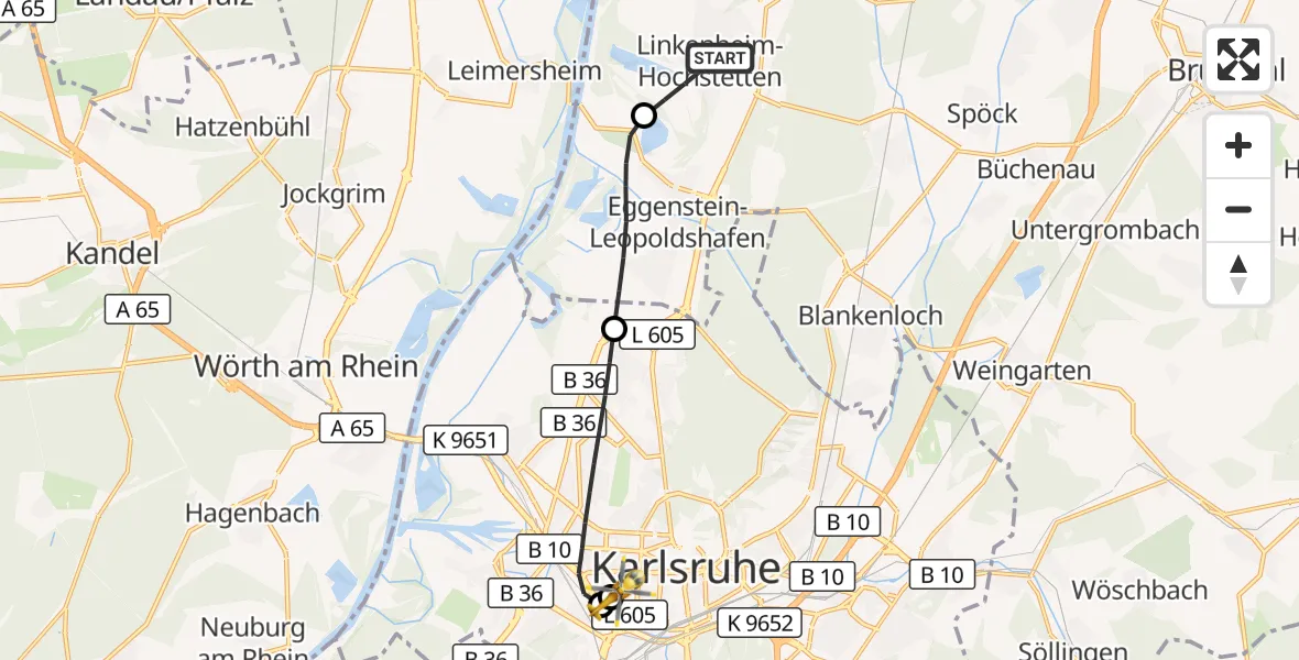 Flugroute Ambulanzhubschrauber Linkenheim-Hochstetten - Sankt Vincentius Hospital, 21 September 2026, 08:58