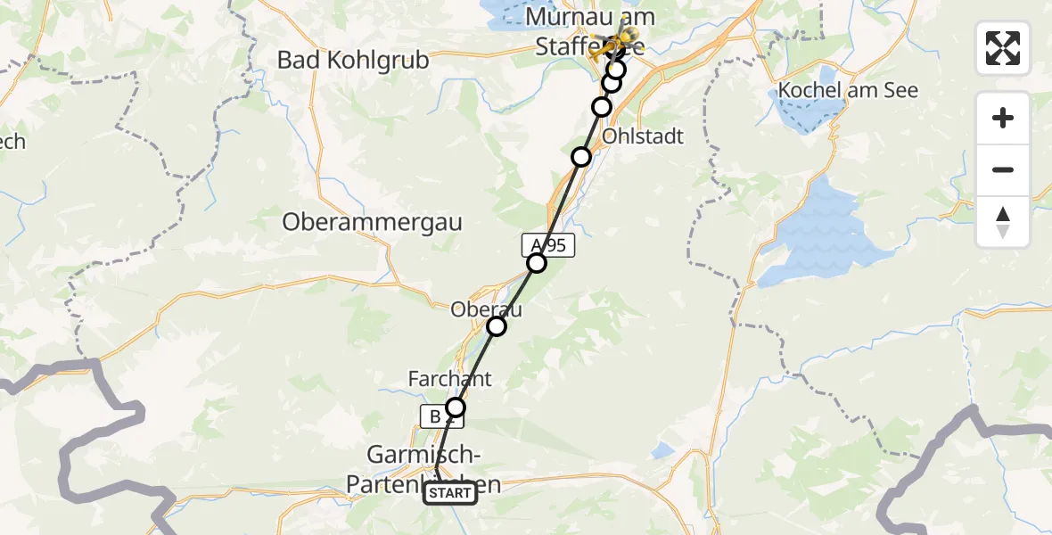 Flugroute Rettungshubschrauber Garmisch-Partenkirchen - Murnau Accident Hospital, 21 September 2026, 09:13