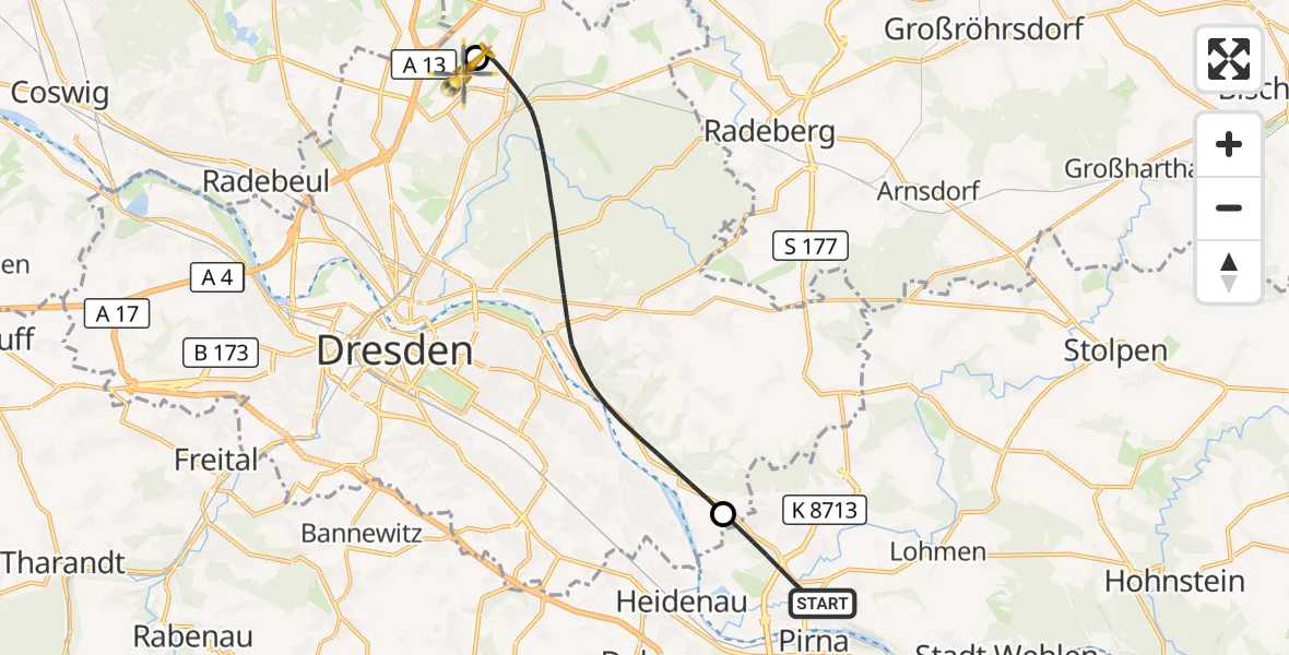 Flugroute Rettungshubschrauber Pirna - Dresden Bundespolizei Hubschrauberlandeplatz, 21 September 2026, 09:19