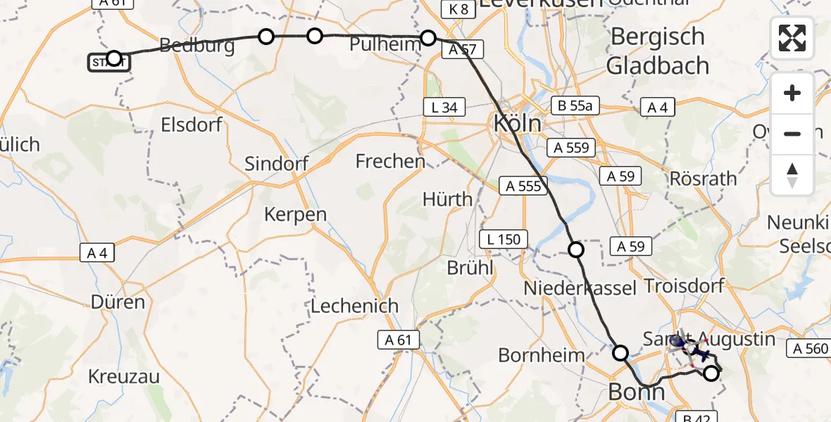 Flugroute Polizeihubschrauber Titz - Bonn-Hangelar Flugplatz, 21 September 2026, 09:22