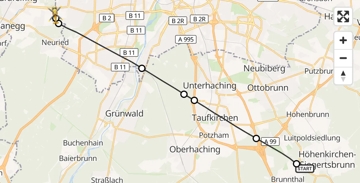 Flugroute Rettungshubschrauber Höhenkirchen-Siegertsbrunn - DRF Air Rescue München Hubschrauberlandeplatz, 21 September 2026, 09:29