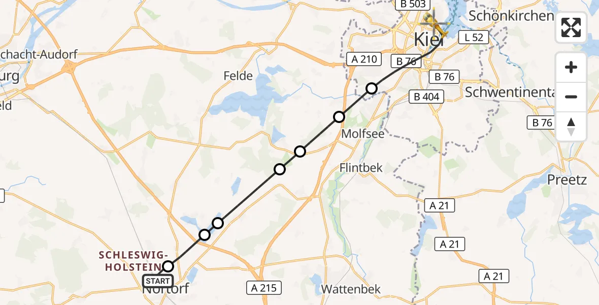 Flugroute Ambulanzhubschrauber Nortorf - Kiel, 21 September 2026, 09:32