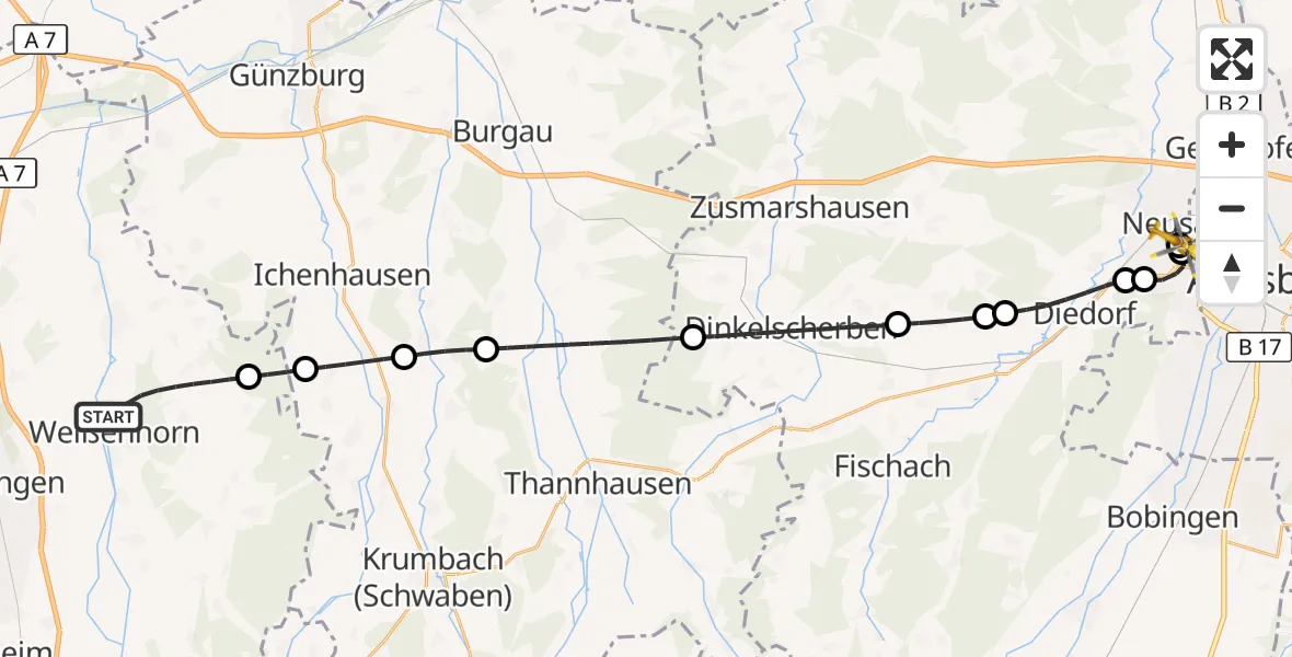 Flugroute Rettungshubschrauber Weißenhorn - Augsburg University Hospital, 21 September 2026, 09:33