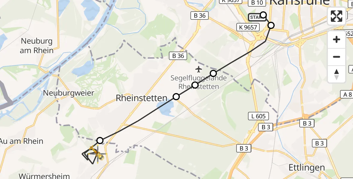 Flugroute Ambulanzhubschrauber Sankt Vincentius Hospital - Durmersheim, 21 September 2026, 09:38