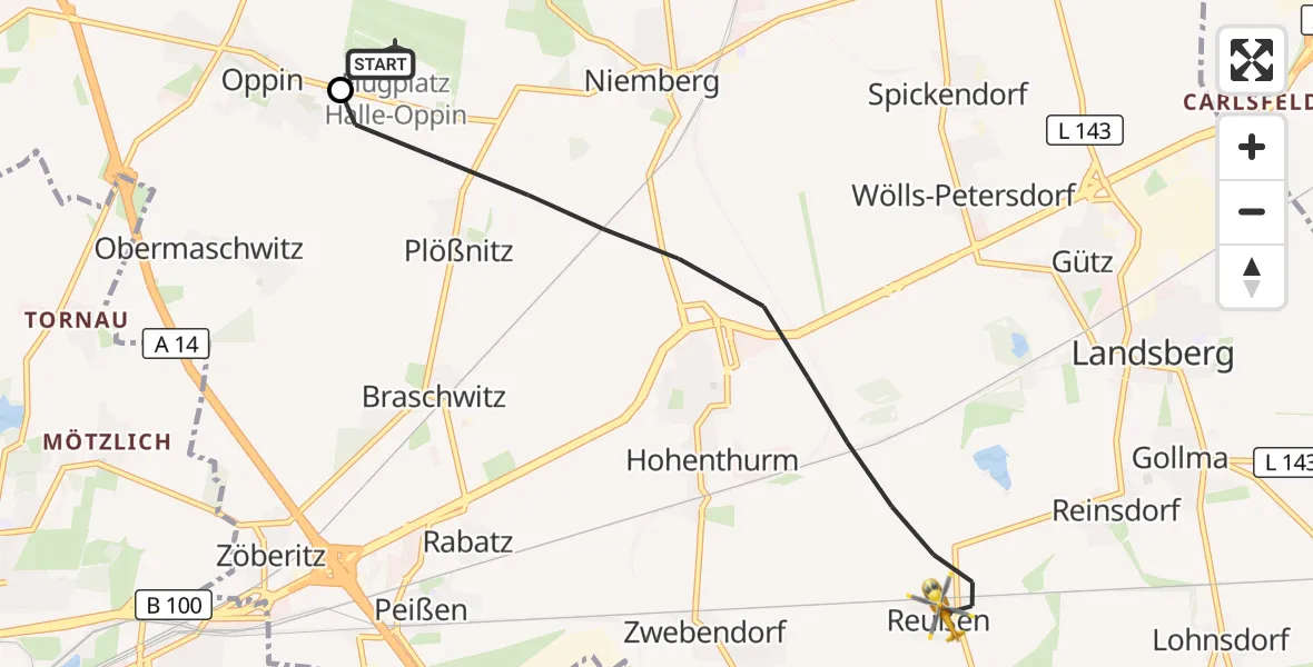 Flugroute Rettungshubschrauber Halle-Oppin Flugplatz - Landsberg, 21 September 2026, 09:40