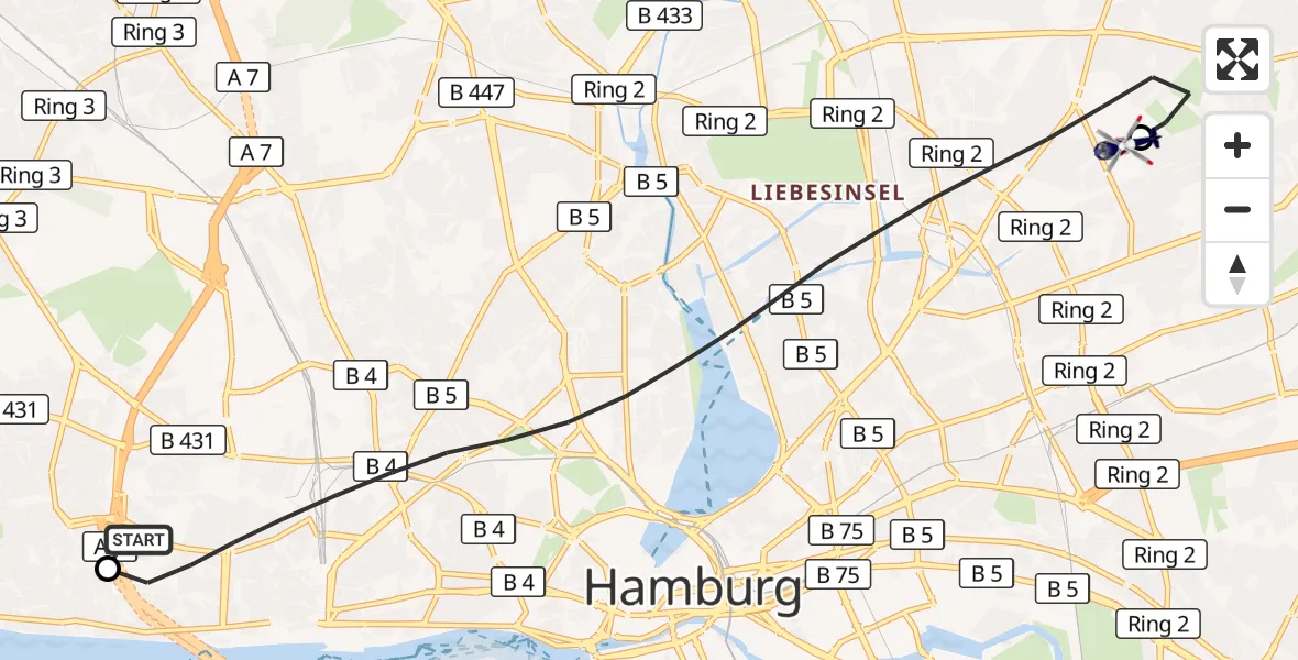 Flugroute Polizeihubschrauber Asklepios Hospital Altona - Hamburg Military Hospital, 21 September 2026, 09:42