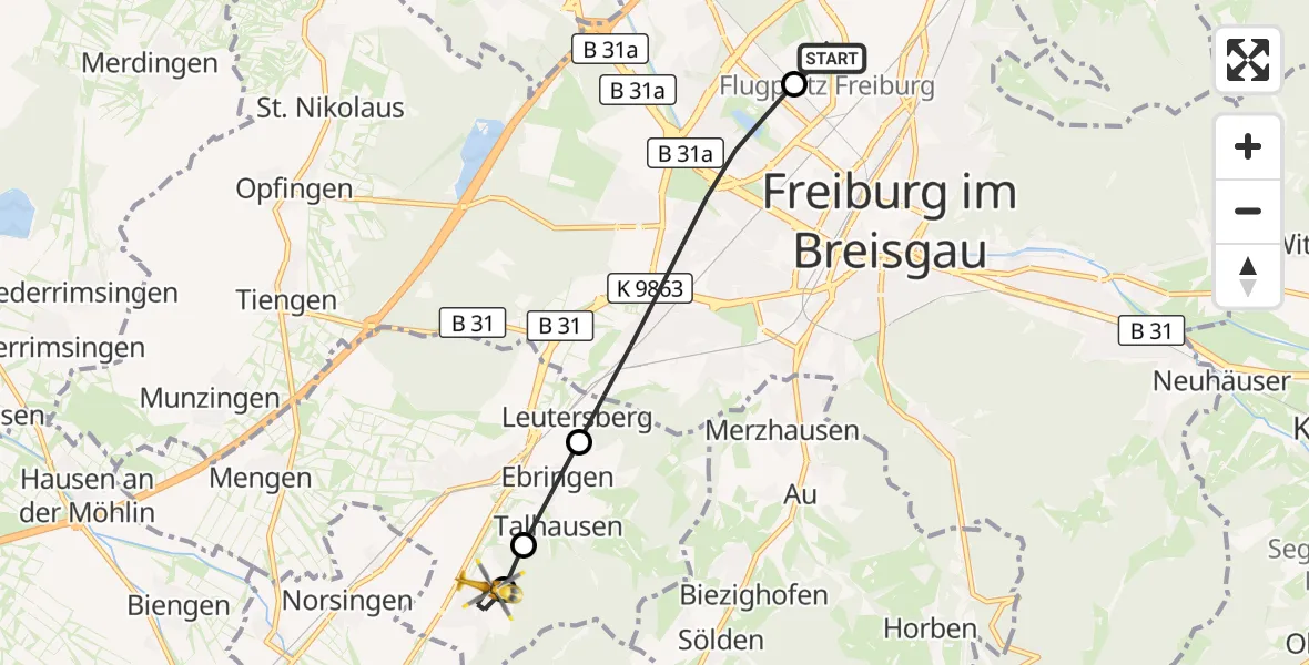 Flugroute Ambulanzhubschrauber Freiburg im Breisgau Flugplatz - Pfaffenweiler, 21 September 2026, 09:43