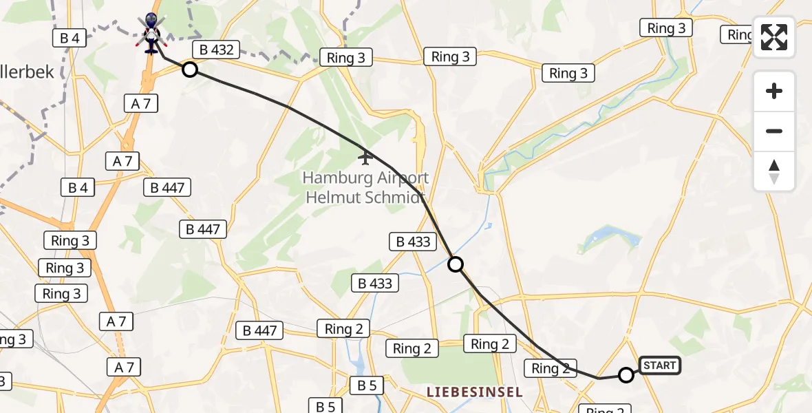 Flugroute Polizeihubschrauber Hamburg Military Hospital - Bönningstedt, 21 September 2026, 09:55