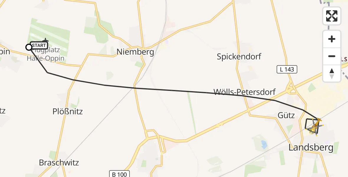 Flugroute Rettungshubschrauber Halle-Oppin Flugplatz - Landsberg, 21 September 2026, 10:14