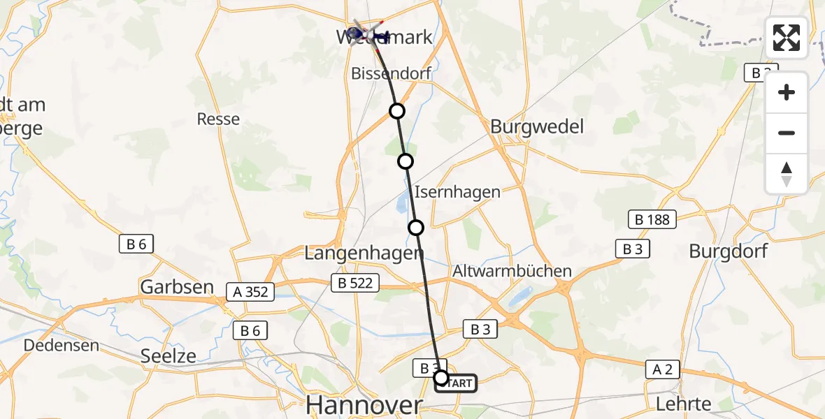 Flugroute Polizeihubschrauber Hannover Luftrettung Hubschrauberlandeplatz (Christoph 4) - Wedemark, 21 September 2026, 10:17