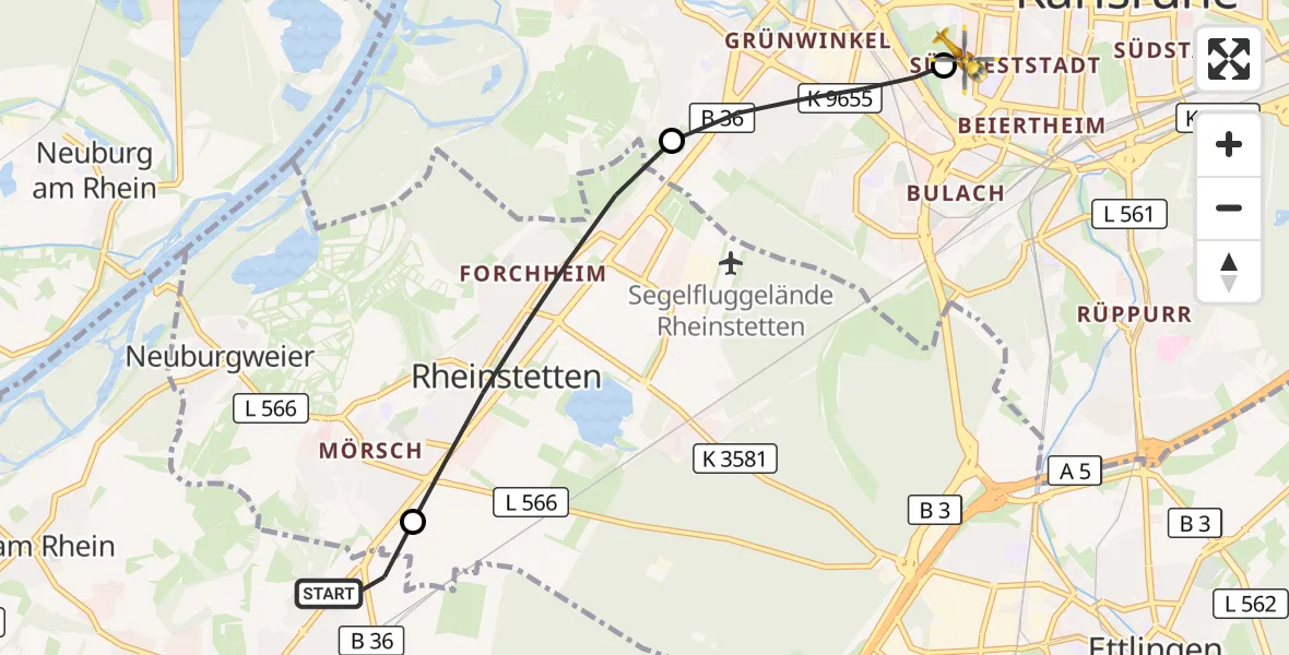 Flugroute Ambulanzhubschrauber Durmersheim - Sankt Vincentius Hospital, 21 September 2026, 10:20