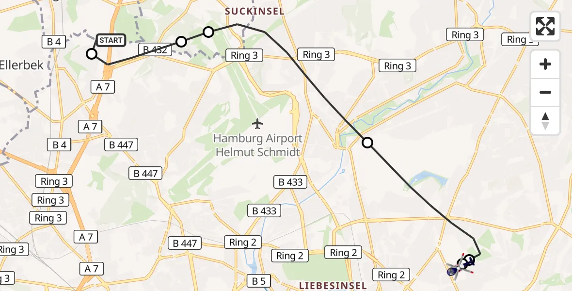 Flugroute Polizeihubschrauber Bönningstedt - Hamburg Military Hospital, 21 September 2026, 10:25
